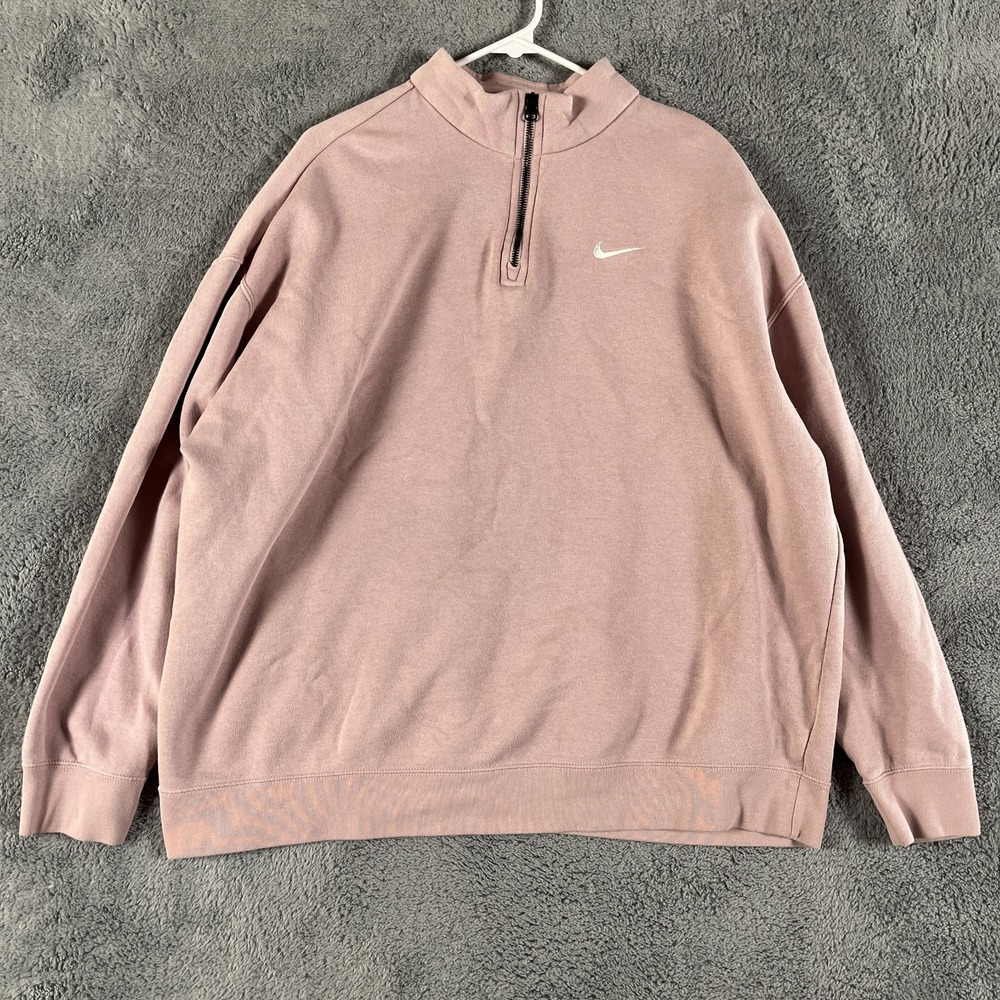 Nike Sweatshirt Women L Pink Swoosh Logo Fleece Lined Mock Neck 1/4 Zip Pullover